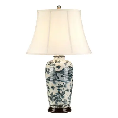 Table Lamp Chinese Buildings & Willow Tree Design Cream Shade Blue LED E27 60W