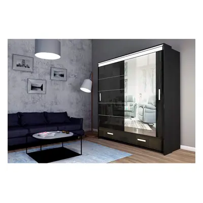 (Black, 205cm) Modern Bedroom High Gloss Sliding door Wardrobe Sizes Colours with Long LED