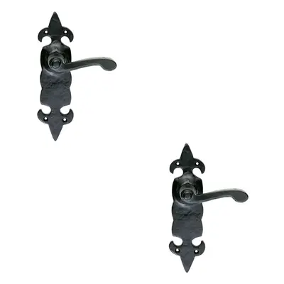 2x PAIR Forged Scroll Lever Handle on Latch Backplate x 57mm Black Antique