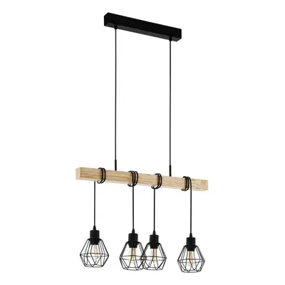 Hanging Ceiling Pendant Light Black Cage & Wood 4x E27 Kitchen Island Lamp