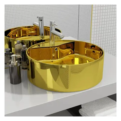 vidaXL Wash Basin with Overflow 46.5x15.5cm Ceramic Gold Bathroom Wash Sink