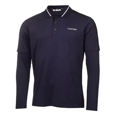 (L, Peacoat) Calvin Klein Mens Evans Hybrid Long Sleeve Recycled Golf Polo Shirt