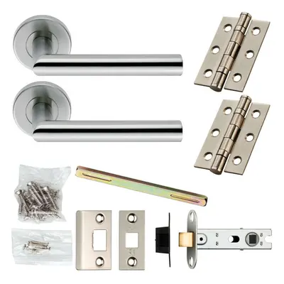 Door Handle & Latch Pack Satin Steel Straight Mitre Lever Screwless Round Rose