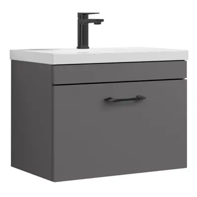 Rio Drawer Wall Hung Vanity Basin Unit - 600mm - Gloss Grey with Black D Handle (Tap Not Include