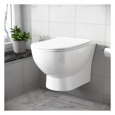 Nes Home Rimless D Shaped Wall Hung Toilet Pan with Soft Close Toilet Seat White