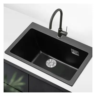 Black Quartz Undermount Kitchen Sink Single Bowl Basin 73.5x49cm