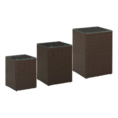 vidaXL 3x Side Tables with Glass Top Brown Poly Rattan Accent Sofa End Table