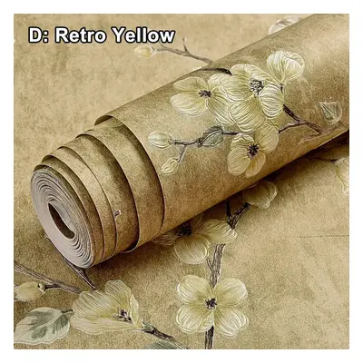 (Retro Yellow) 3D Floral Embossed Wallpaper Self Adhesive Non-woven Wallpapers Home Decor 5M