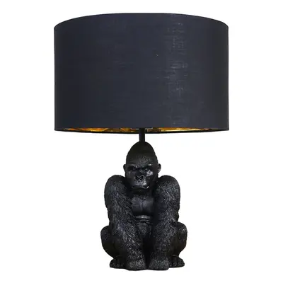 Modern Matt Black Sitting Gorilla Table Lamp with a Black/Gold Drum Shade