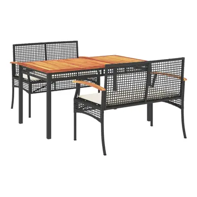 vidaXL Garden Dining Set Piece with Cushions Outdoor Bench Black Poly Rattan