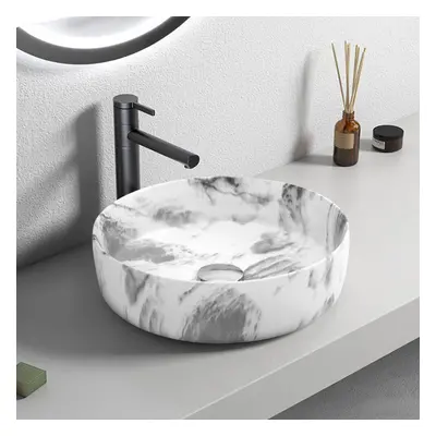 Round White Ceramic Marble Effect Texture Countertop Basin Bathroom Sink W mm