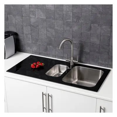 Sauber Kitchen Sink 1.5 Bowl LH Drainer Black Glass Stainless Steel Inset Waste