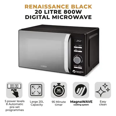 Tower T24039BLK Renaissance 20L Microwave with Power Settings and MagnaWave technology, Black