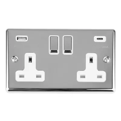 2 Gang Double UK Plug Socket & Dual 3.1A USB-C & A CHROME & WHITE 13A Switched