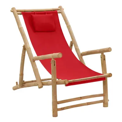 (red) vidaXL Deck Chair Bamboo and Canvas Patio Seat Outdoor Seating Garden Chair