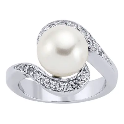 (Q) Jewelco London Ladies Rhodium Sterling Silver Cubic Zirconia & Simulated Pearl Tornado Spira