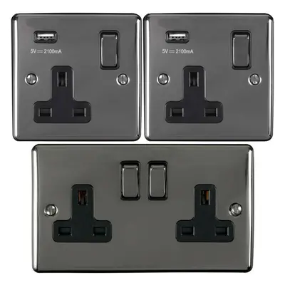 Bedside Plug Socket Pack-2x Single / USB & 1x Twin Gang-BLACK NICKEL / Black 13A