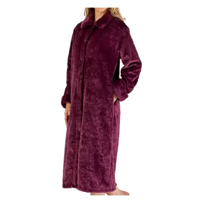 (Damson, Small - UK 10/12) Slenderella Ladies Button Up Faux Fur Collar Fleece Dressing Gown