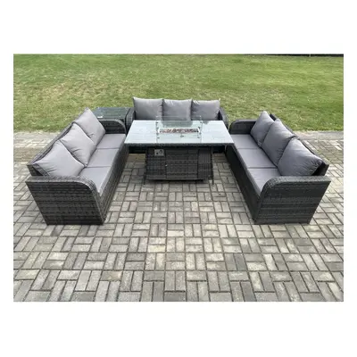 Fimous Rattan Furniture Garden Dining Set Gas Fire Pit Table With Side Table Seater Sofa Dark Gr