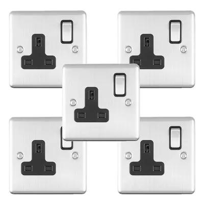 5 PACK Gang Single UK Plug Socket SATIN STEEL 13A Switched Black Trim Plate