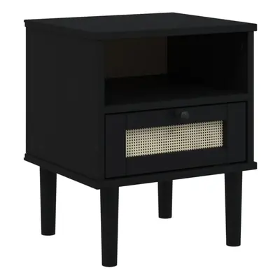 (black) vidaXL Bedside Cabinet Nightstand Side Table SENJA Rattan Look Solid Wood Pine