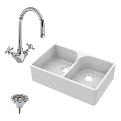 795mm - Fireclay Bowl Stepped Weir Butler Kitchen Sink - Mono Mixer Tap & Waste