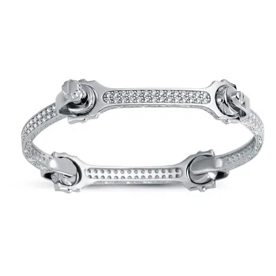 Jewelco London Rhodium Plated Sterling Silver Round Cubic Zirconia Spanner & Socket Bangle Brace