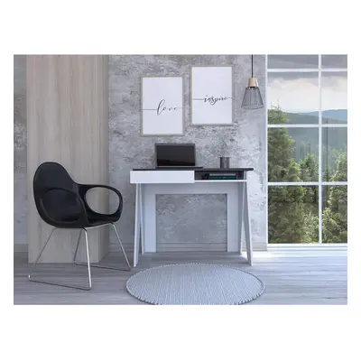 White Home Office Table Desk Workstation With Drawer Shelf and Grey Oak Top