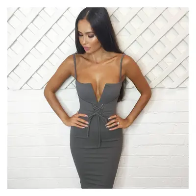 (Grey, M) Women Pencil Dress Solid Plunging V Neck Sleeveless Bandage Lace Up Midi