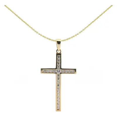 Jewelco London Solid 9ct Yellow Gold Cubic Zirconia Art Deco Outline Channel Set Cross Pendant -