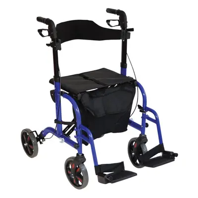 Blue Deluxe Aluminium Rollator and Transit Chair 2-in-1 Dual Function Walker