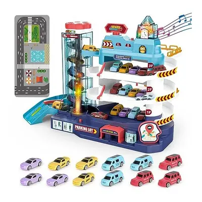 deAO Garage Track Set with Music and Light Effects for Kids, 3-story Parking Building with Elect