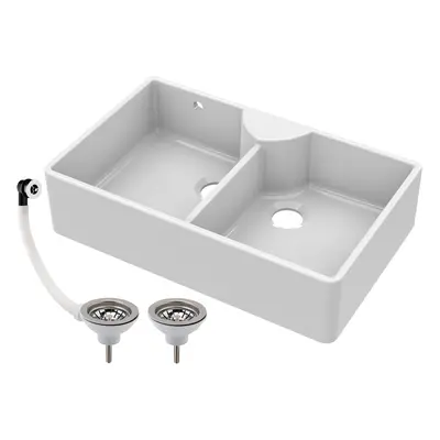 895mm - Two Bowl Fireclay Butler Kitchen Sink - Stepped Weir, Overflow, ledge & Wastes