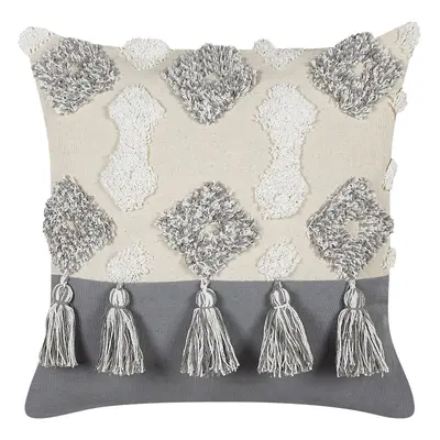 Tufted Cotton Cushion with Tassels x cm Beige and Grey ALOCASIA