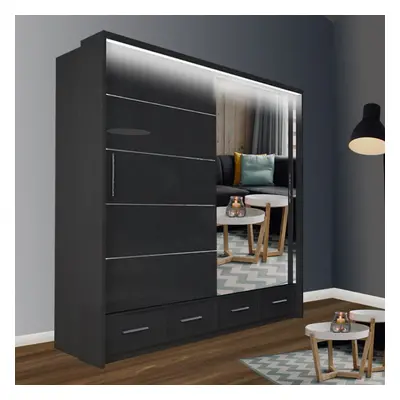 (Black, 150cm) MN FURNITURE High Gloss Sliding Mirror Wardrobe