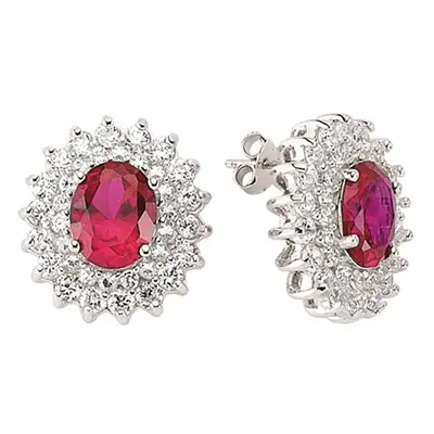 Jewelco London Ladies Sterling Silver Ruby-Red Oval Cubic Zirconia Royal Cluster Stud Earrings -