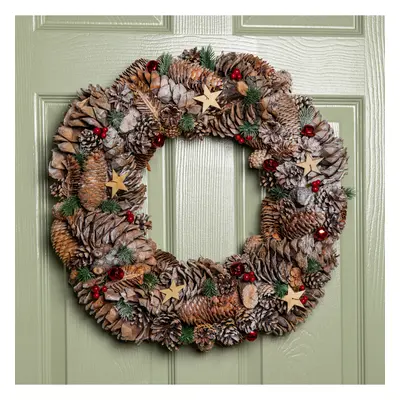 50cm Frosted Hanging Christmas Wreath with Red Jingle Bells & Wooden Stars