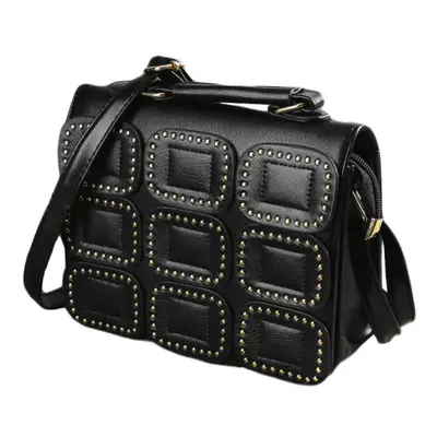 (Black) Women Crossbody Bag PU Leather Rivet Flap Magnetic Press Stud Shoulder Handbag