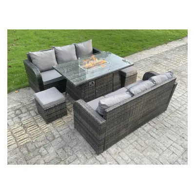 Fimous Rattan Outdoor Furniture Gas Fire Pit Rectangle Dining Table Footstools Seater