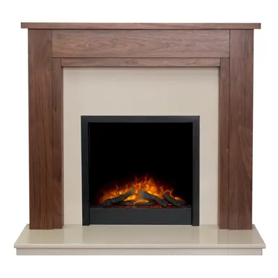 Adam Sudbury Fireplace in Walnut & Beige Marble with Downlights & Ontario Electric Fire in Black