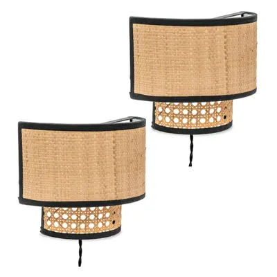 Pair of Plug in Rattan Wall Lights Easyfit Wicker Cane Lamp + LEDs