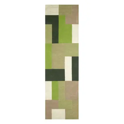 (Green, Runner: x cm) Modern Geometric Checkered Multi Coloured Rugs 100% Wool Hand Made Eco Fri