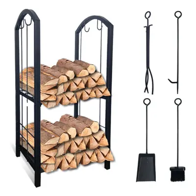 VOUNOT Firewood Log Rack with 4pcs Fireplace Tools, Metal Log Store Indoor, Black, x x cm