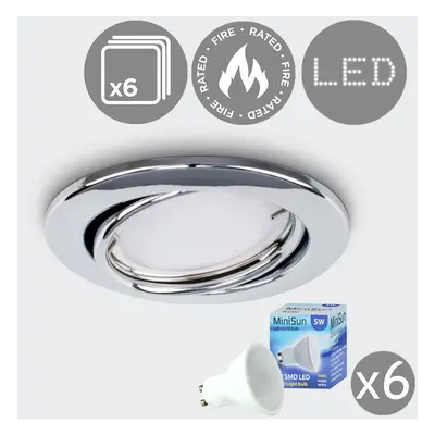 Pack of Fire Rated Polished Chrome Tiltable GU10 Recessed Ceiling Downlights - Complete with 5w 