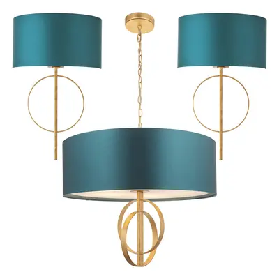 Antique Gold Hoop Bulb Ceiling Pendant & 2x Wall Light Bundle - Teal Shade