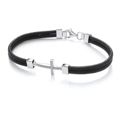 Jewelco London Mens Black Leather Stainless Steel Multi Strand Beaded Cross Strap Bracelet 6mm 8