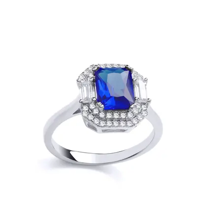 (P) Jewelco London Ladies Rhodium Plated Sterling Silver Sapphire-Blue Octagon Tier Cluster Cock