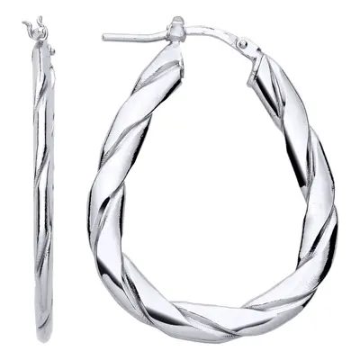 Jewelco London Ladies Rhodium Plated Sterling Silver Plaited Flat Twist Pear Hoop Earrings - ER1