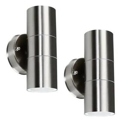 Pair of - Modern Brushed Chrome Outdoor Garden Up/Down Security Wall Lights - IP44 Rated - Compl