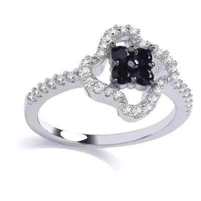 (Q) Jewelco London Sterling Silver CZ & Black CZ Flower Fancy Cluster Ring - GVR918